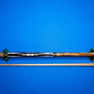 Full length Black and Brass custom pool cue by Kaine Cues on a clean background.